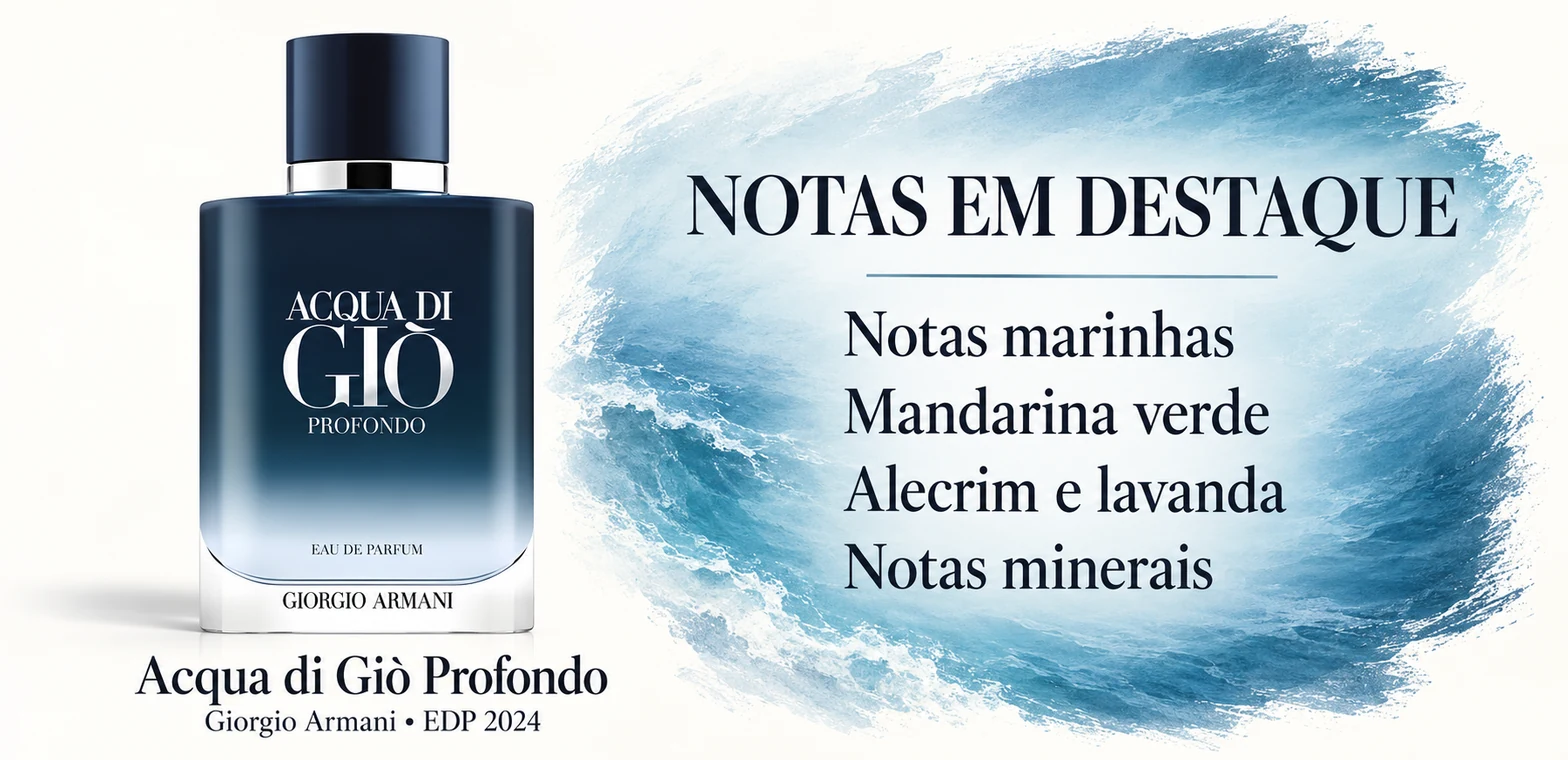 Frasco de Acqua di Giò Profondo de Giorgio Armani e notas em destaque; arte ilustrativa
