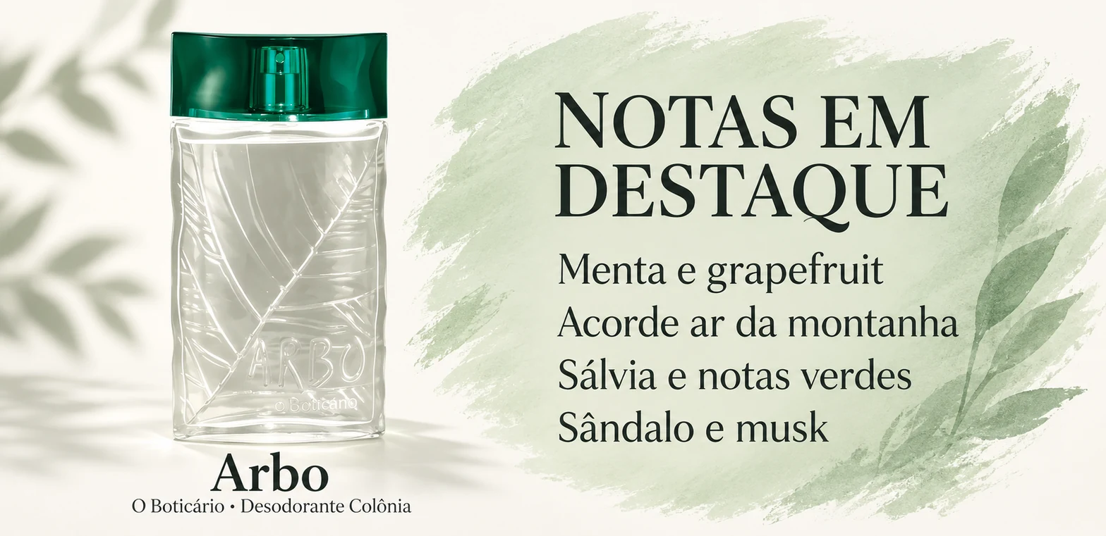 Frasco de Arbo de O Boticário e notas em destaque; arte ilustrativa