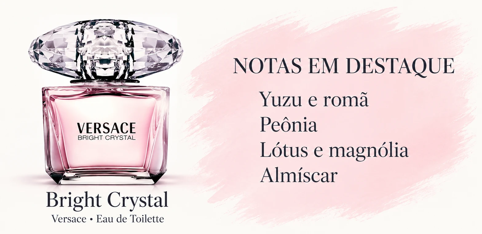 Frasco de Bright Crystal de Versace e notas em destaque; arte ilustrativa