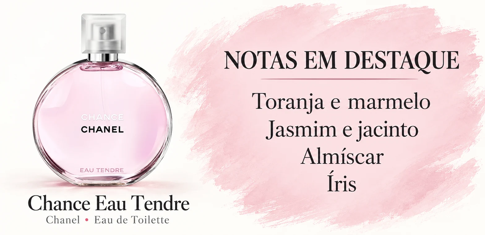 Frasco de Chance Eau Tendre de Chanel e notas em destaque; arte ilustrativa