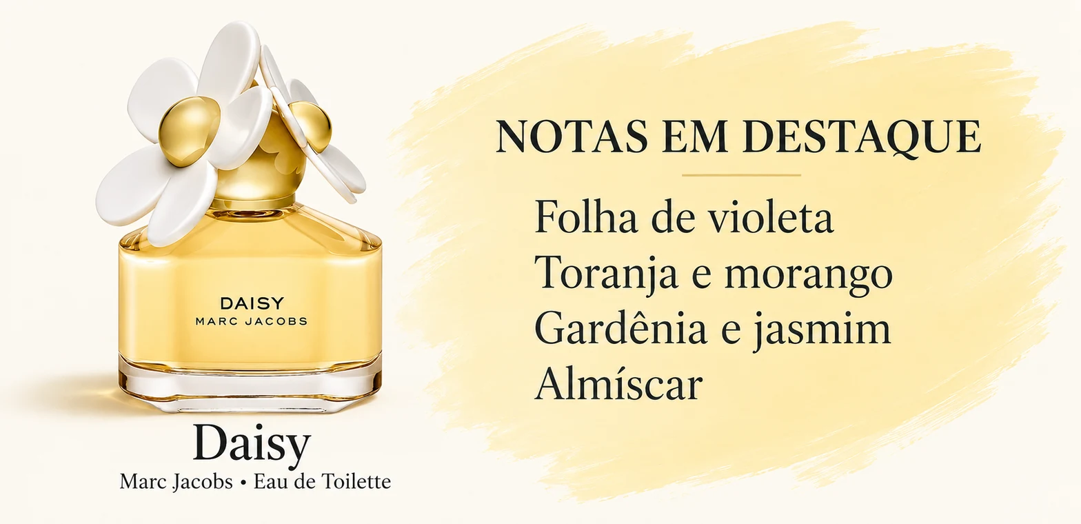 Frasco de Daisy de Marc Jacobs e notas em destaque; arte ilustrativa