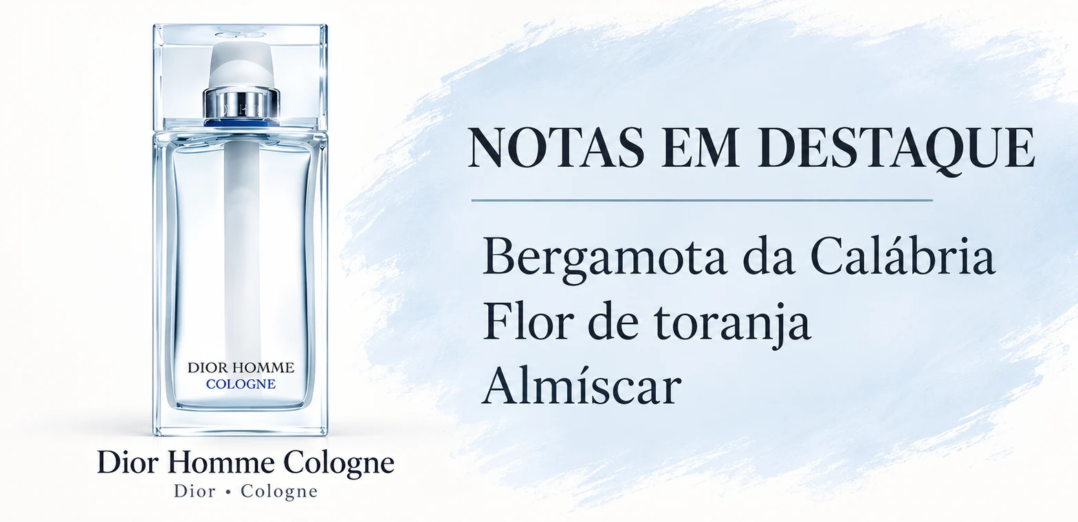 Frasco de Dior Homme Cologne de Dior e notas em destaque; arte ilustrativa