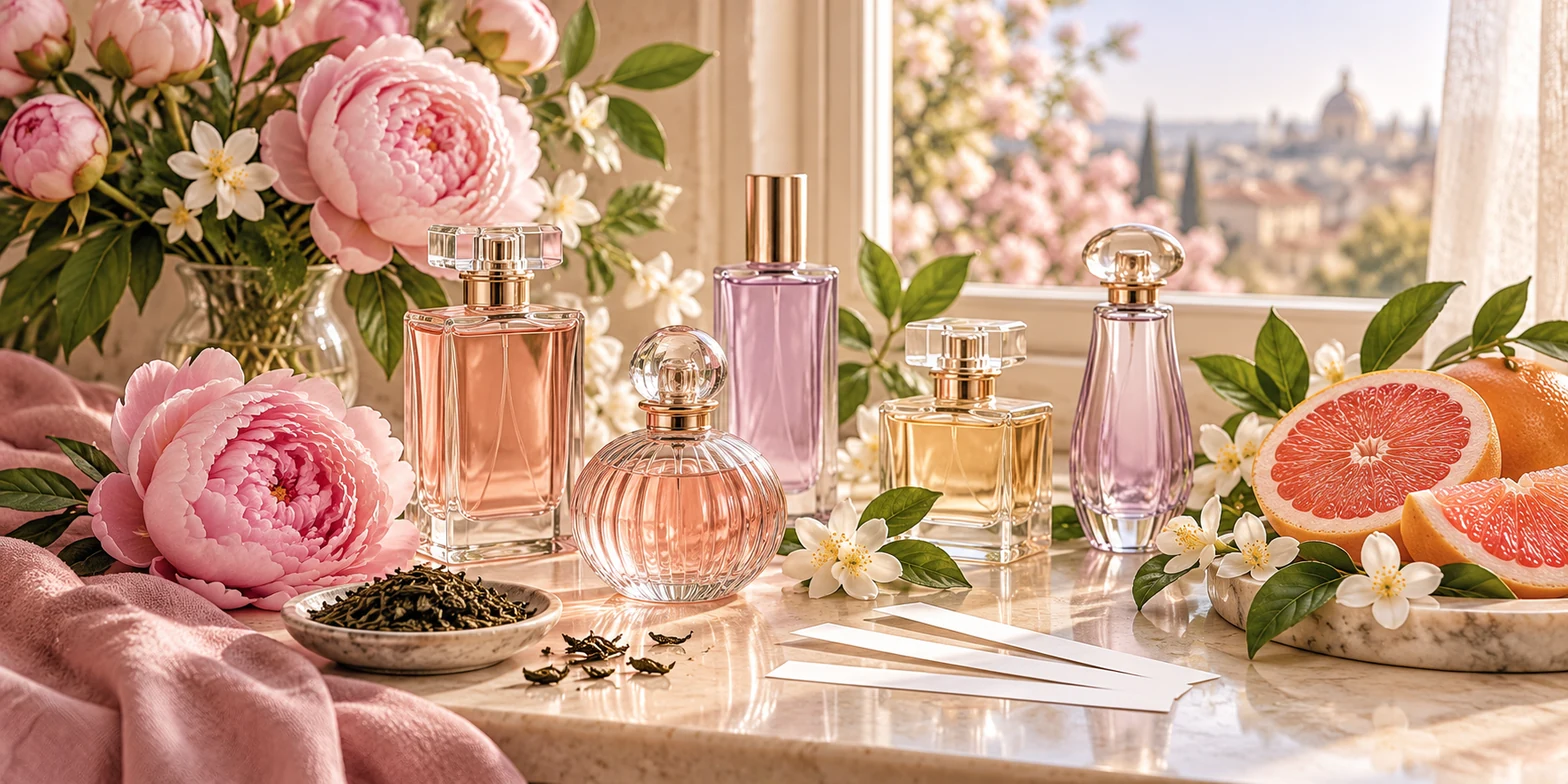 Frascos, fitas olfativas e ingredientes de perfumes em uma composição de primavera; ilustração editorial