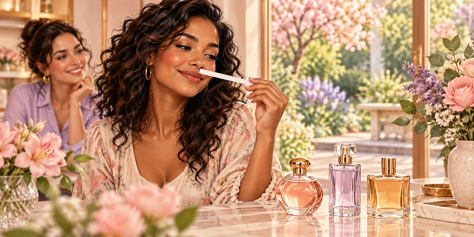 Pessoa experimentando uma fragrância em fita olfativa; ilustração editorial para dúvidas sobre perfumes