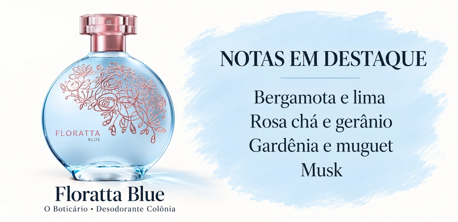 Frasco de Floratta Blue de O Boticário e notas em destaque; arte ilustrativa