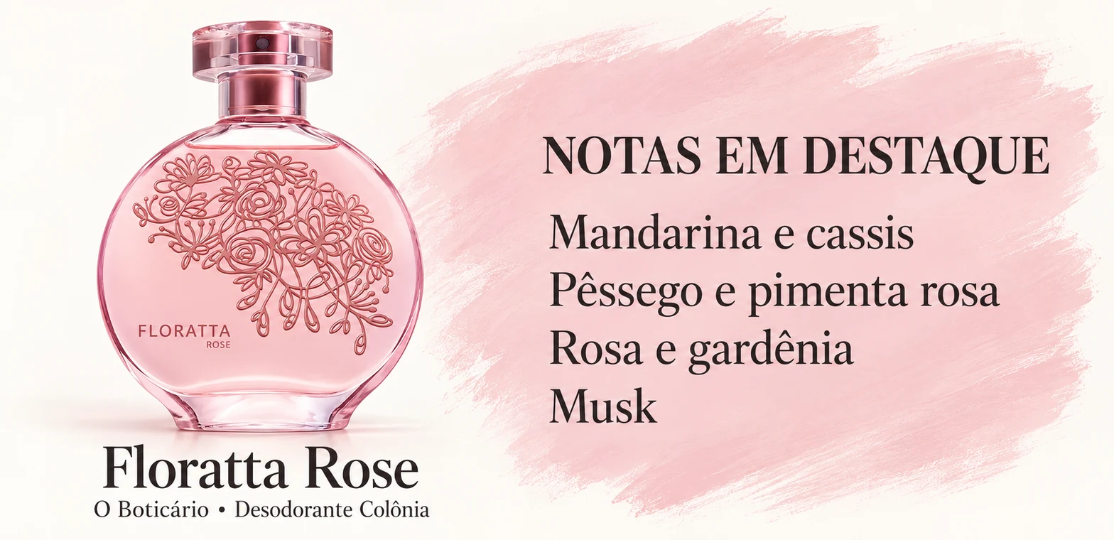 Frasco de Floratta Rose de O Boticário e notas em destaque; arte ilustrativa