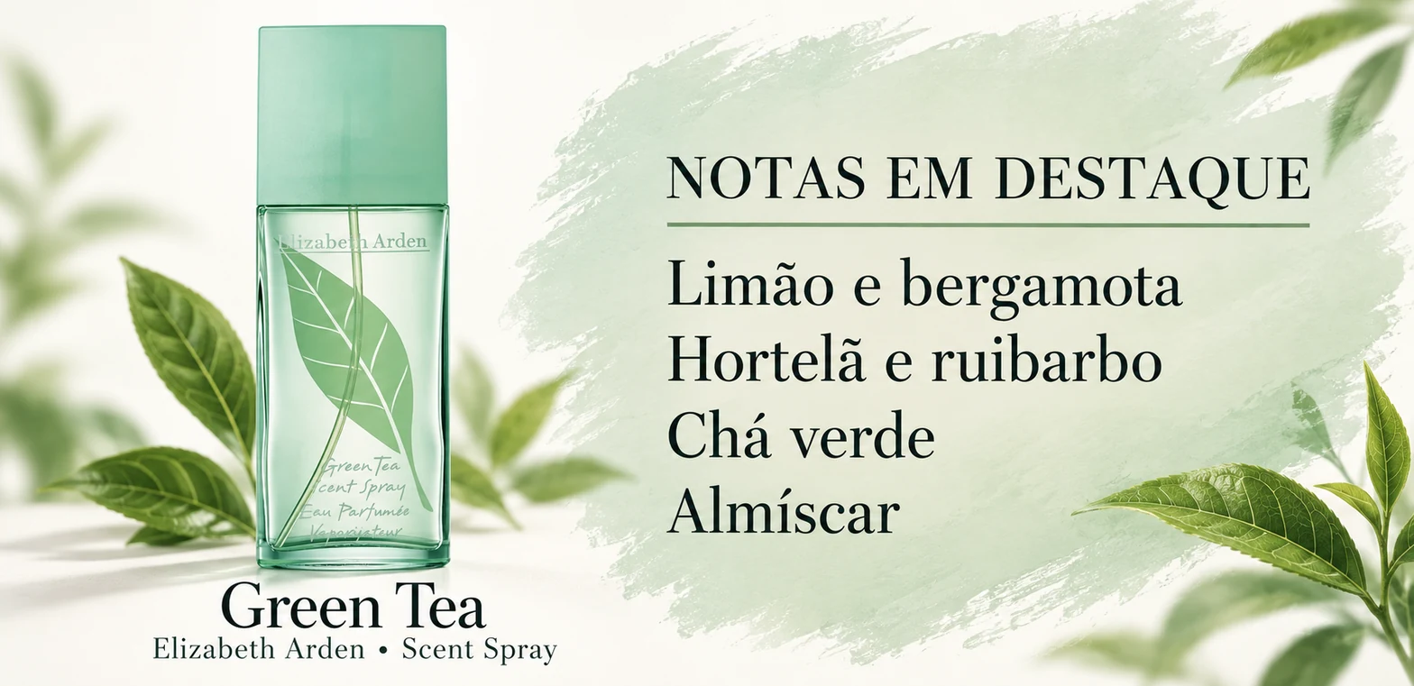Frasco de Green Tea de Elizabeth Arden e notas em destaque; arte ilustrativa