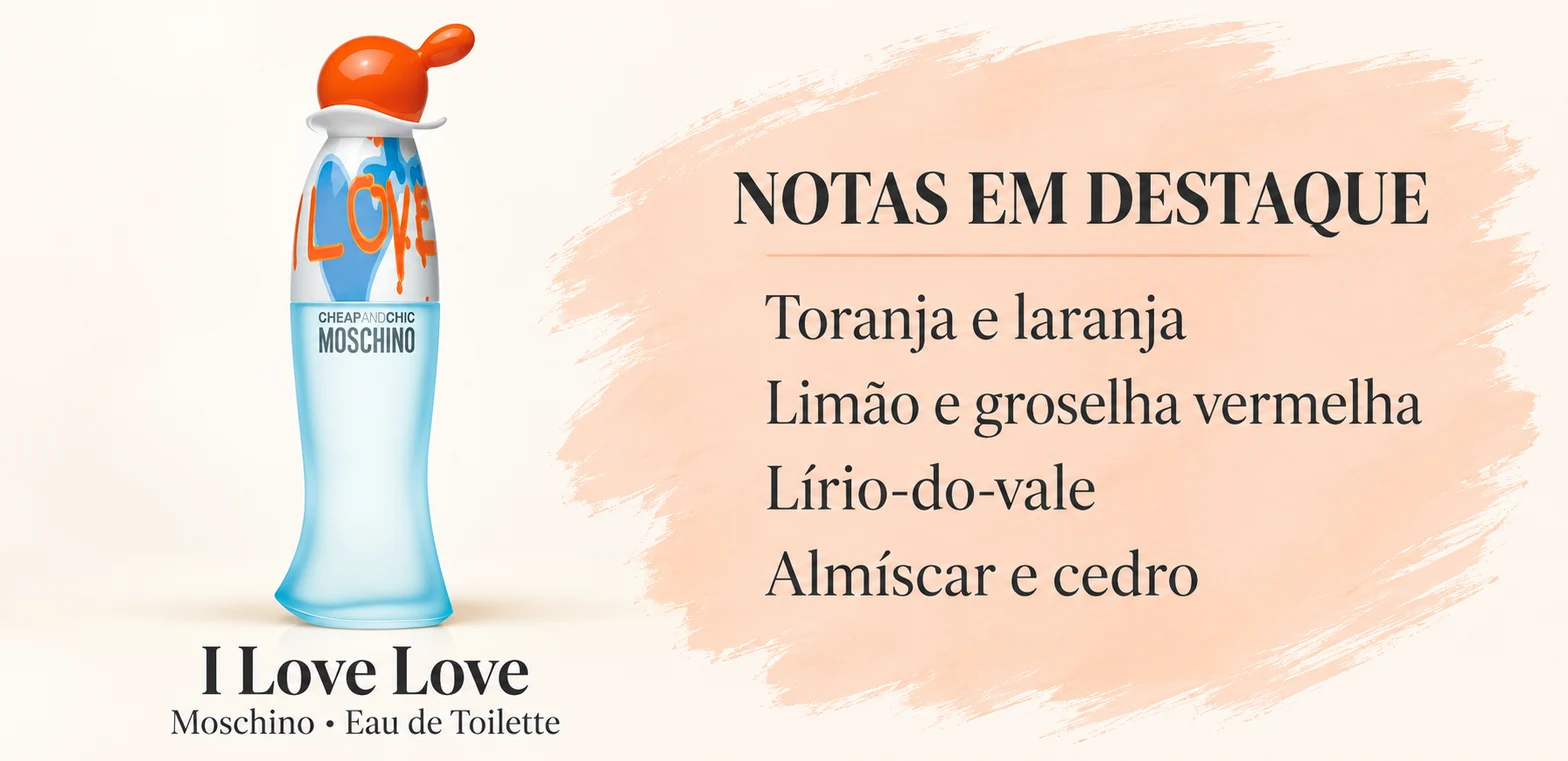 Frasco de I Love Love de Moschino e notas em destaque; arte ilustrativa