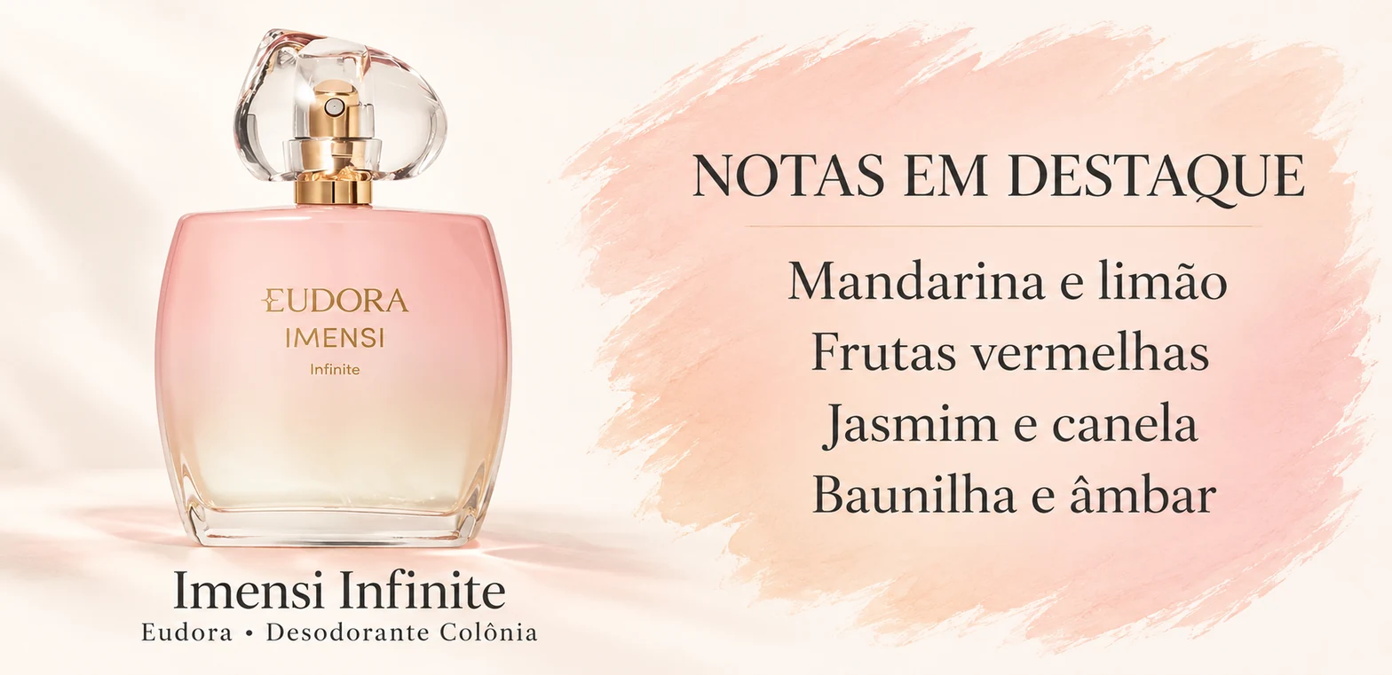 Frasco de Imensi Infinite de Eudora e notas em destaque; arte ilustrativa