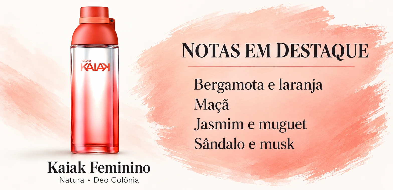 Frasco de Kaiak Feminino de Natura e notas em destaque; arte ilustrativa