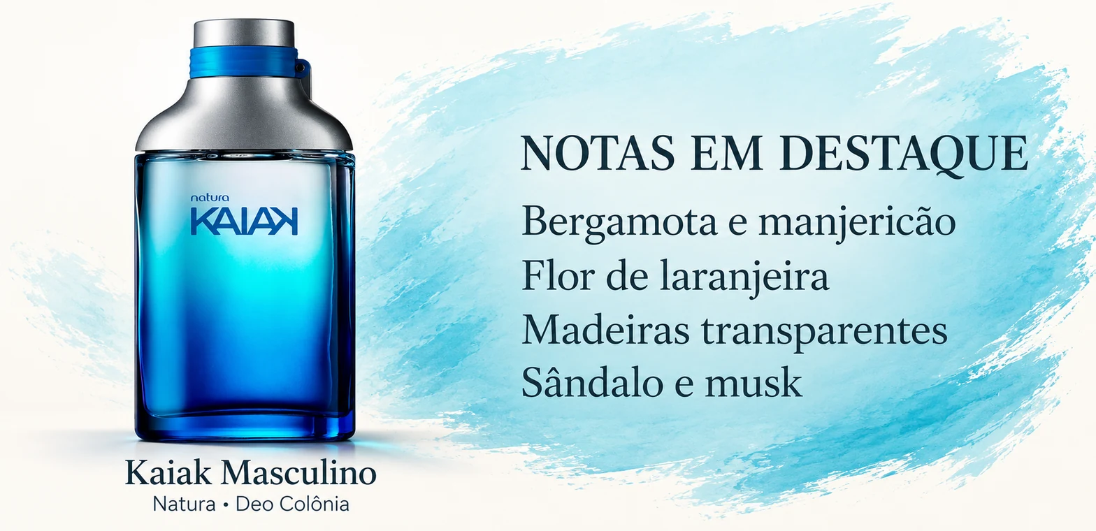 Frasco de Kaiak Masculino de Natura e notas em destaque; arte ilustrativa