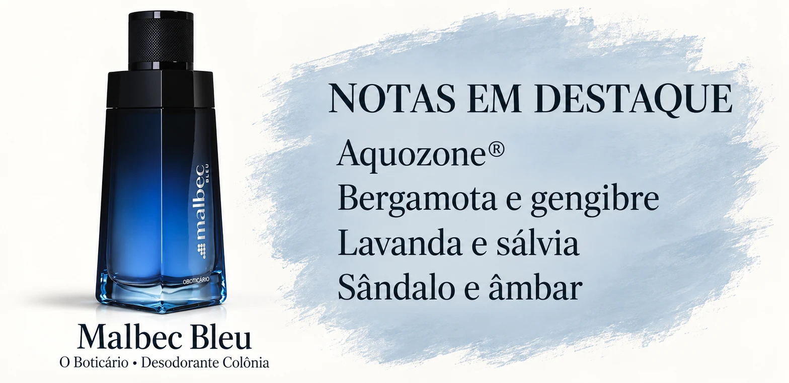 Frasco de Malbec Bleu de O Boticário e notas em destaque; arte ilustrativa