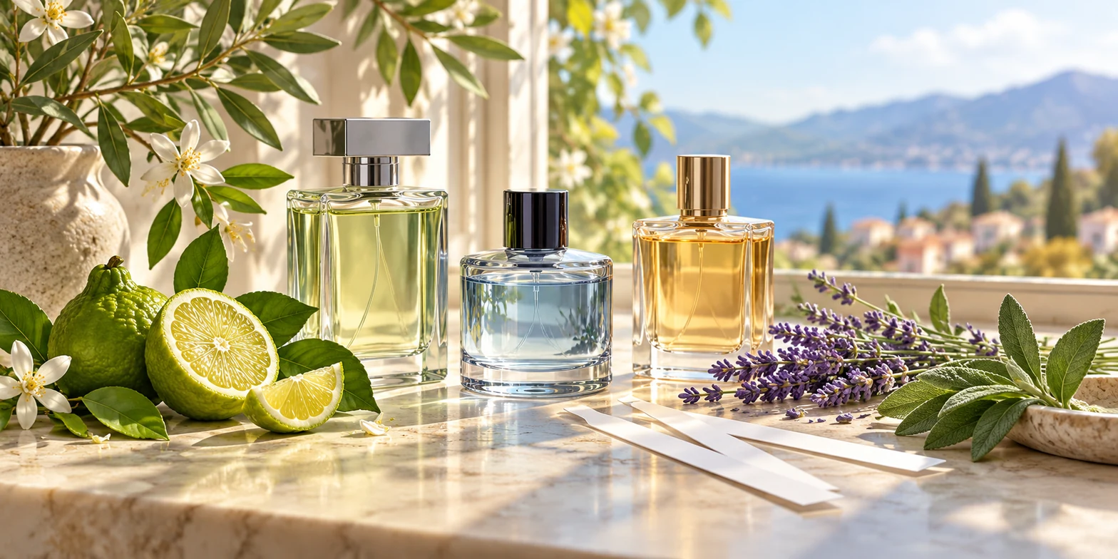 Frascos, fitas olfativas e ingredientes de perfumes em uma composição de primavera; ilustração editorial