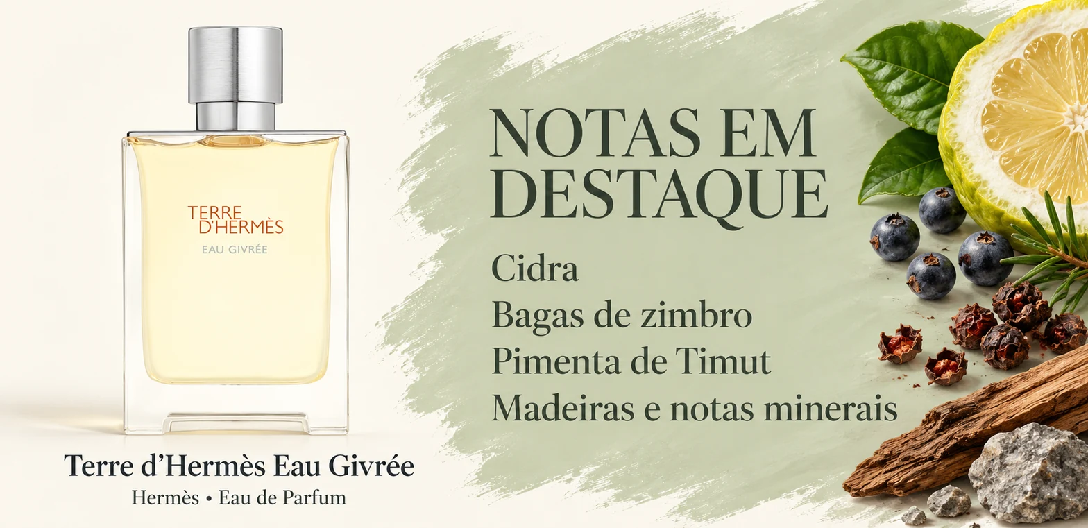 Frasco de Terre d’Hermès Eau Givrée de Hermès e notas em destaque; arte ilustrativa