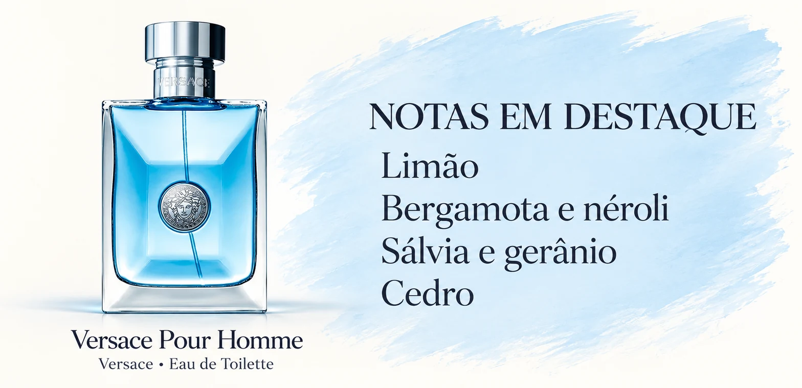 Frasco de Versace Pour Homme de Versace e notas em destaque; arte ilustrativa